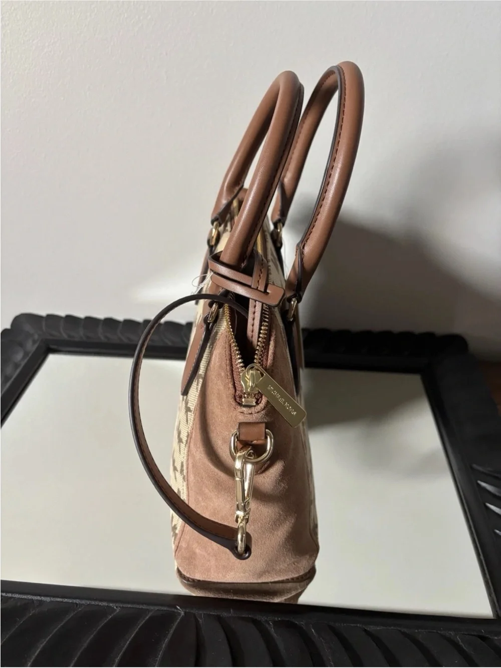 Michael Kors Tan and Brown MK Logo Satchel with Suede Panels